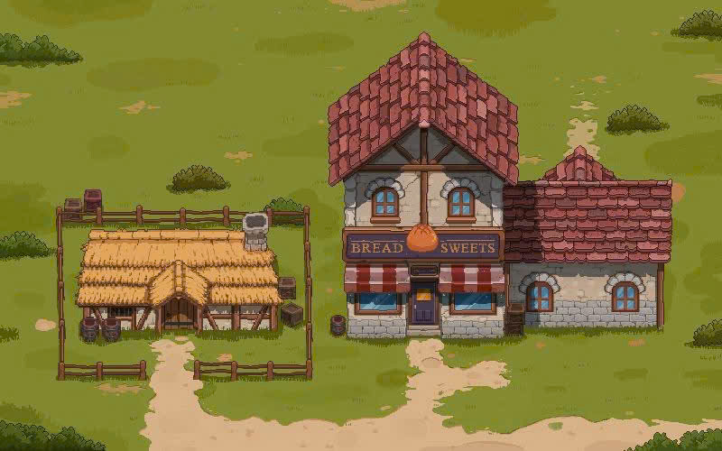 Ngôi làng pixel art với cửa hàng bánh và căn nhà nhỏ